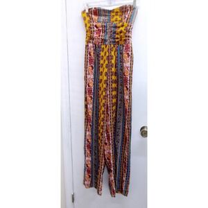 Bog Collective Yellow Paisley Strapless Wide Leg Boho Jumpsuit Small / #26230
